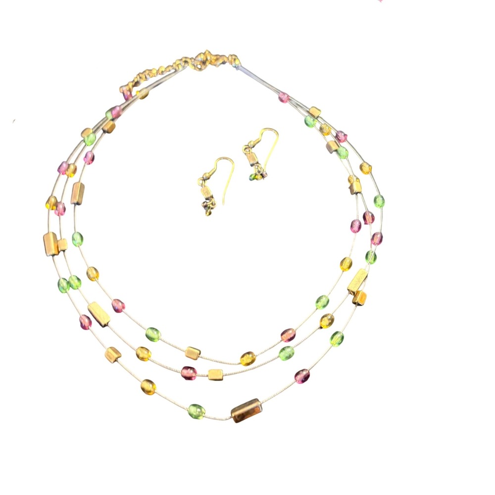 Boho Multi Strand Glass Bead Necklace and Earring Set Gold Tone Green Pink Amber